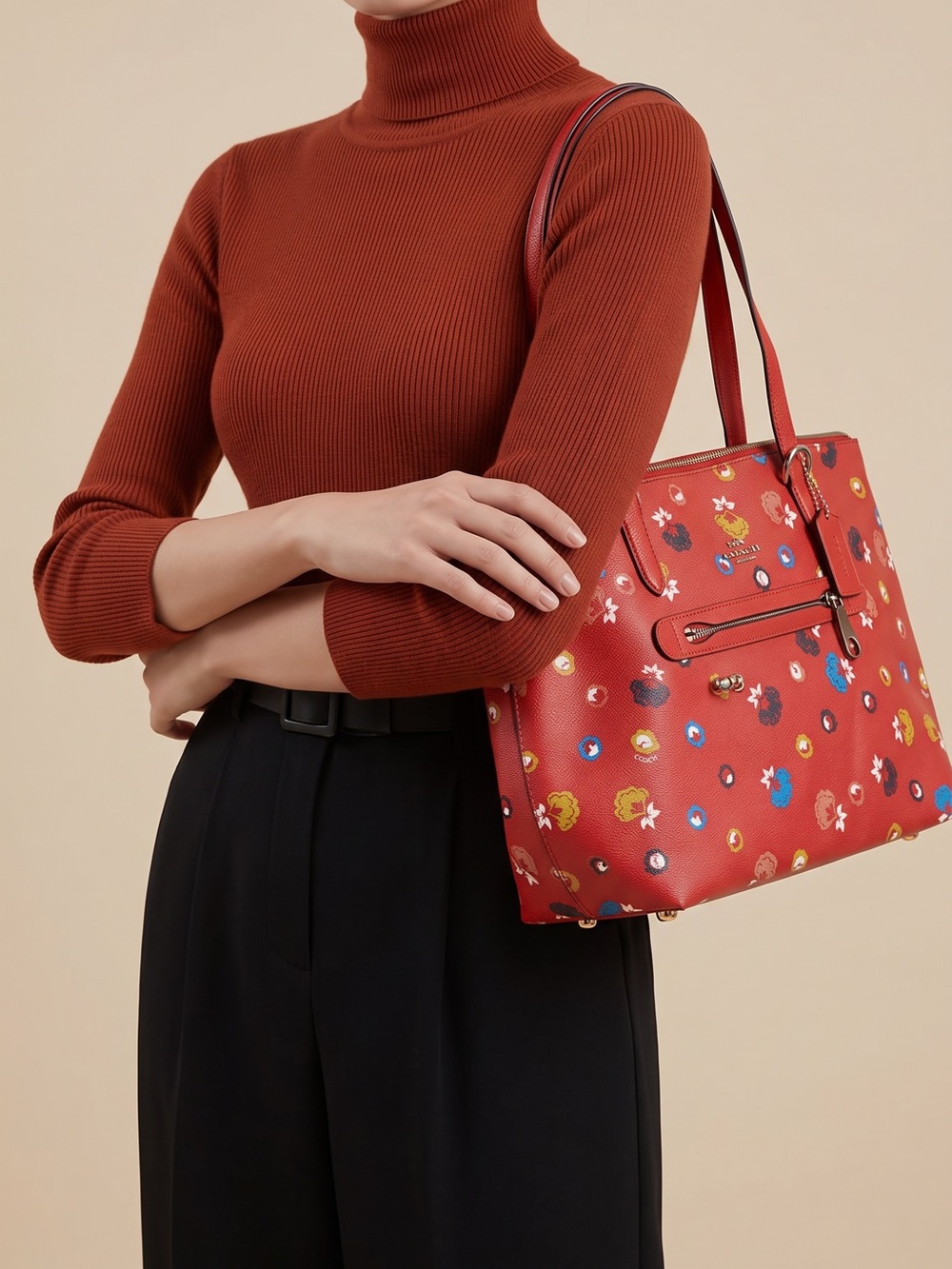 Coach Red Floral Print Tote Bag